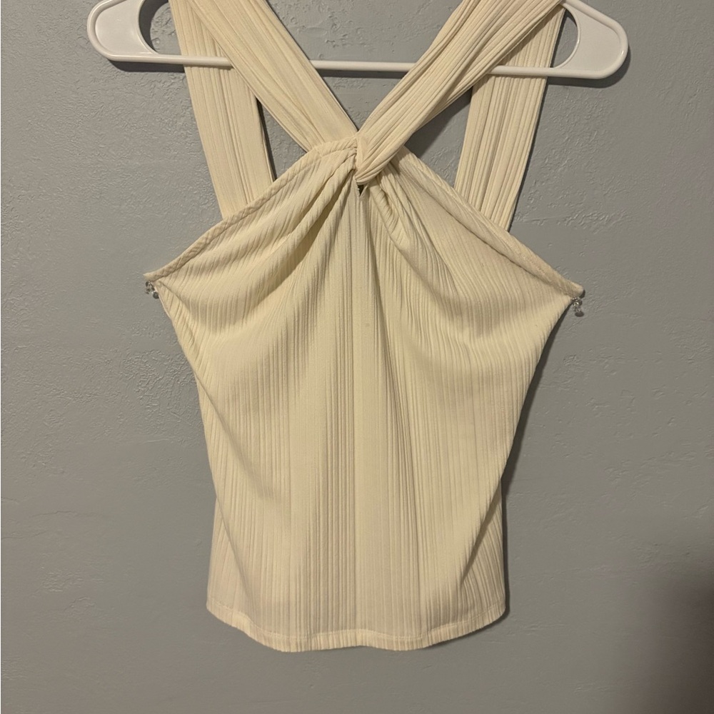 Sofia by Sofia Vergara Cream Ribbed Tie Front Tank Top